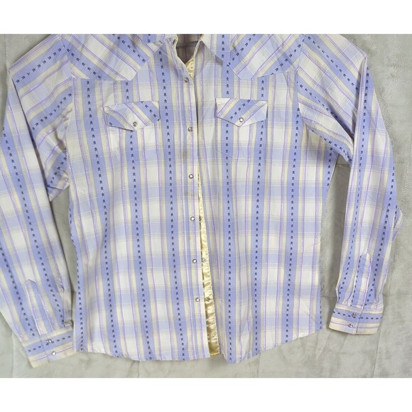 Wrangler Western Shirt Women's Purple Plaid Pearl Snaps Long Sleeve Rodeo Large - Picture 4 of 13